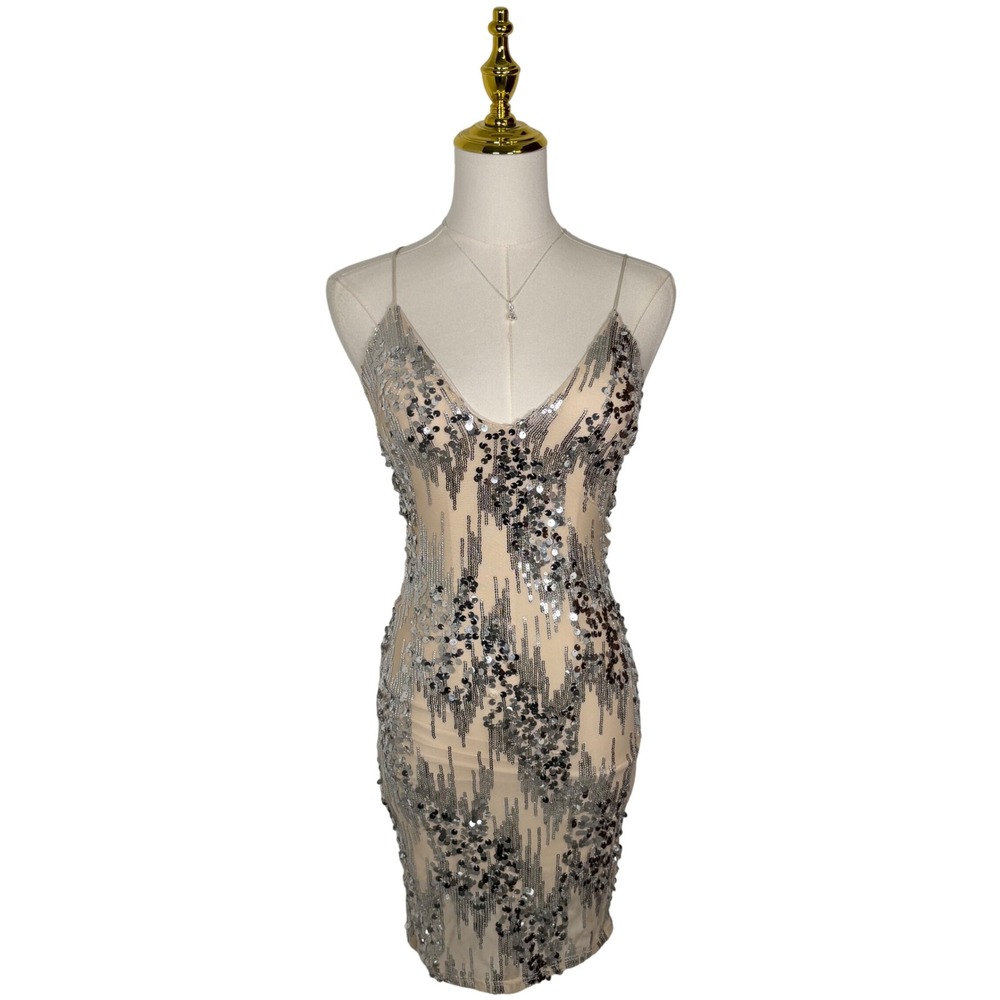 fashion nova nude silver glitter sequin bodycon mini dress Y2K coquette chic